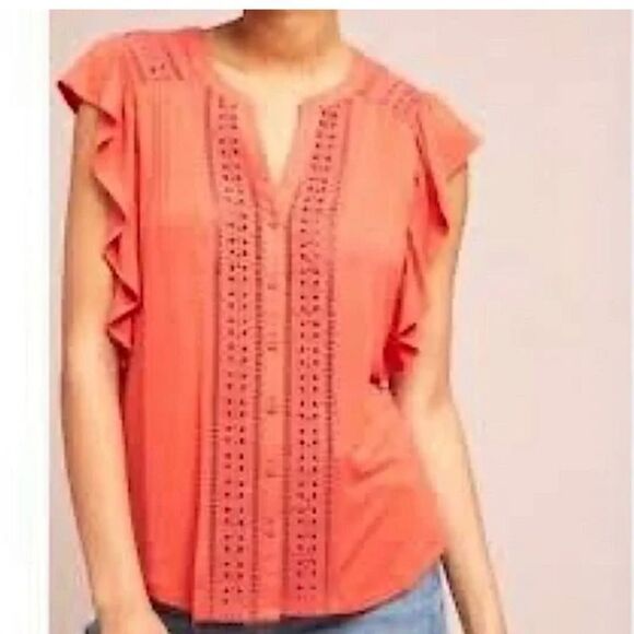 Maeve orange flutter sleeve top with lace size XS - Picture 2 of 7